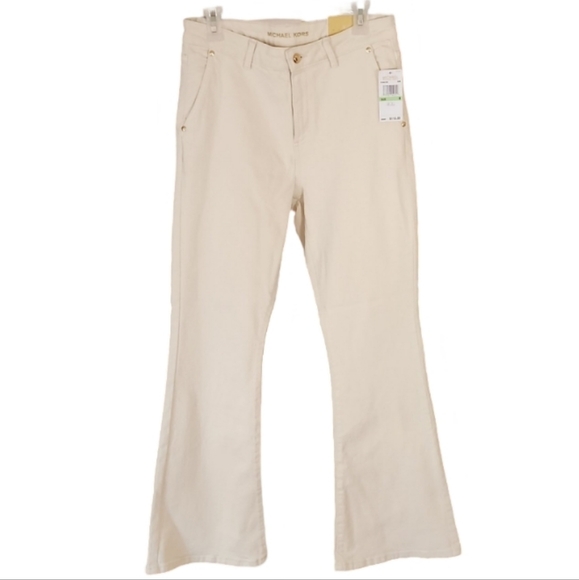 NWT Michael Kors‎ Selma Flare Hi-rise Bone Color Khaki Denim Women's Size 8 - Picture 1 of 8
